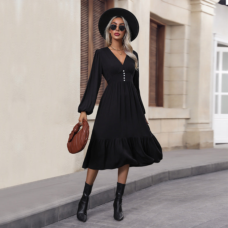 Damen V-Ausschnitt Midikleid mit hoher Taillennaht, langen Ballonärmeln und Volantstufe – Élara