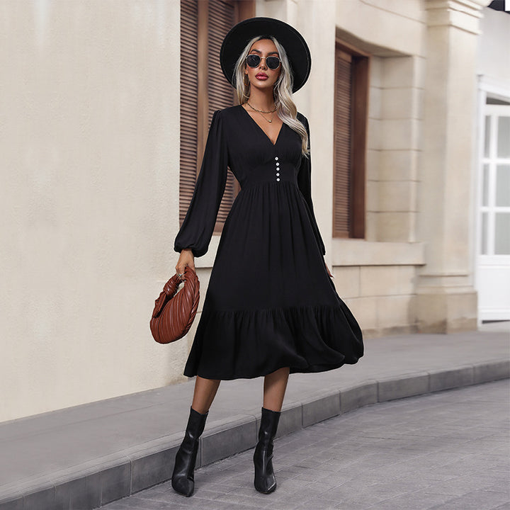Damen V-Ausschnitt Midikleid mit hoher Taillennaht, langen Ballonärmeln und Volantstufe – Élara