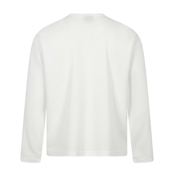 Herren Langarm-Henleyshirt mit Waffelstruktur, Knopfleiste und großflächigem Grafikprint Echoarchiv