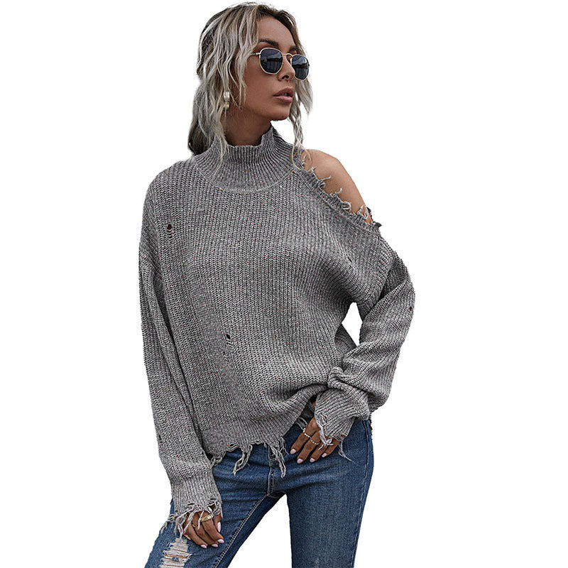 Damen Grobstrickpullover mit hohem Kragen, asymmetrischem Schultercut‑Out und ausgefranster Saum Echoarchiv