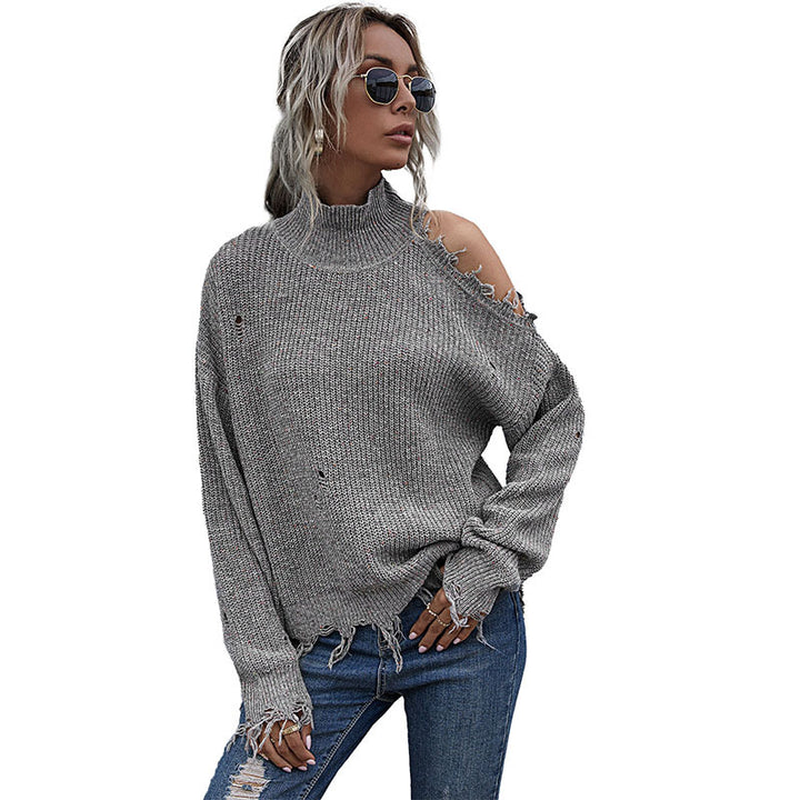 Damen Grobstrickpullover mit hohem Kragen, asymmetrischem Schultercut‑Out und ausgefranster Saum Echoarchiv