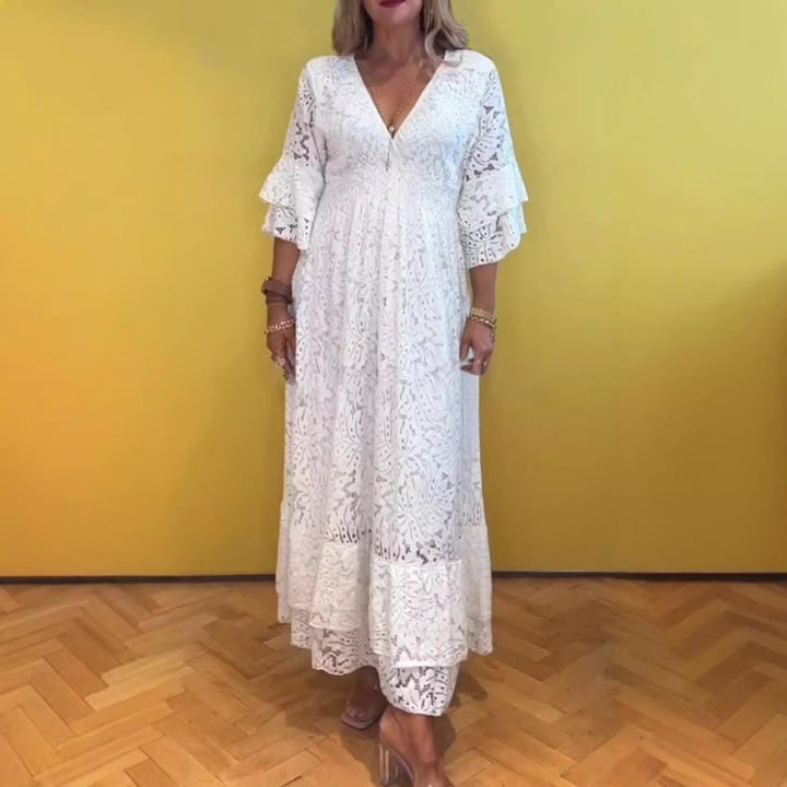 Damen nan Boho-Spitzen-Maxikleid mit V-Ausschnitt, Unterbrustnaht und gestuften Volantärmeln Echo Archiv