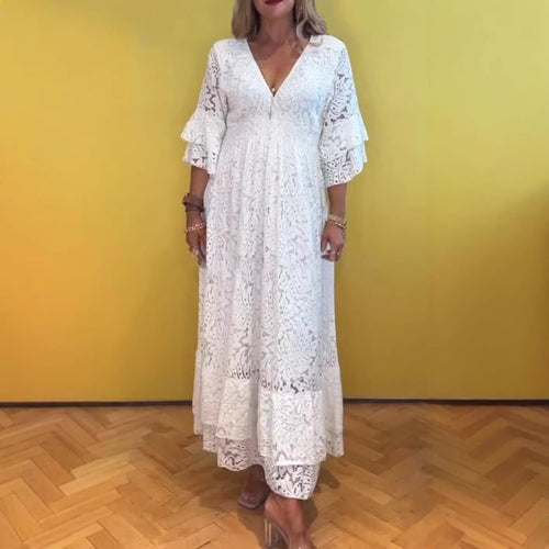 Damen nan Boho-Spitzen-Maxikleid mit V-Ausschnitt, Unterbrustnaht und gestuften Volantärmeln Echo Archiv