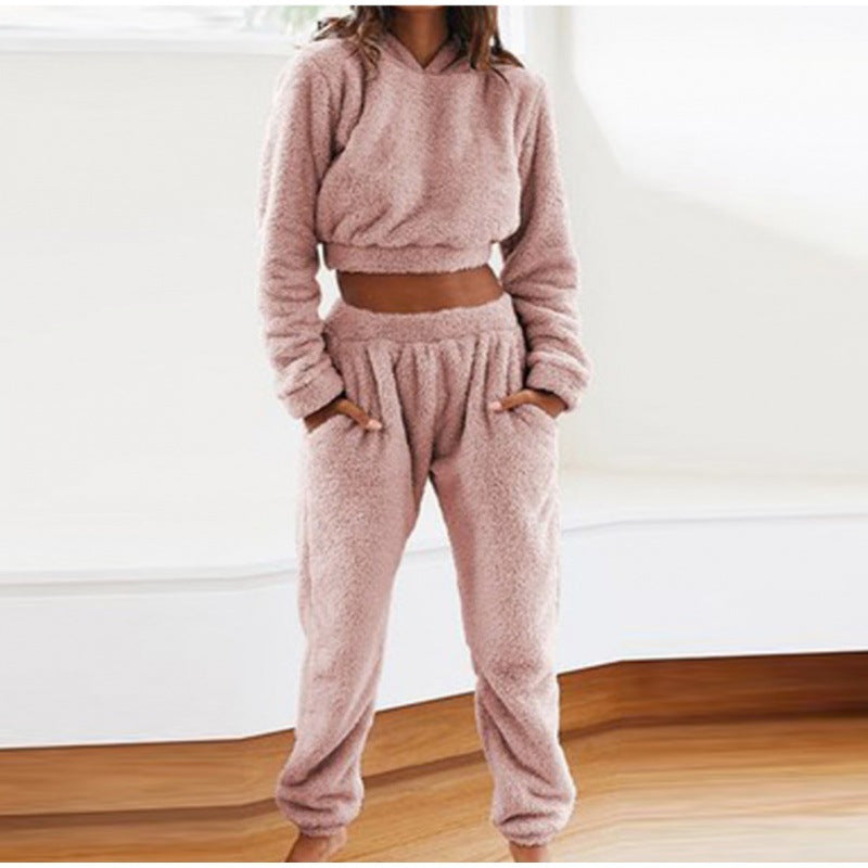Damen Kuschelige Teddy-Fleece-Loungewear mit Cropped-Hoodie und High-Waist-Jogginghose Echo Archiv