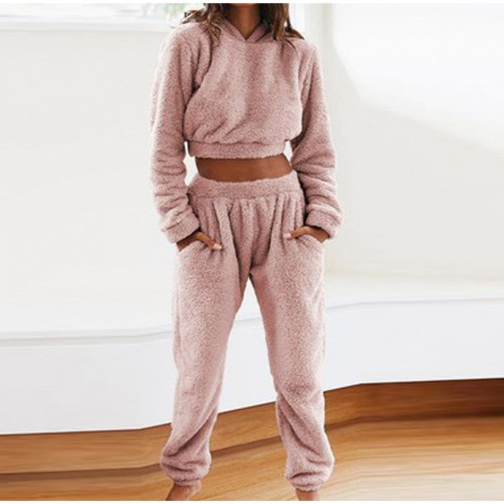 Damen Kuschelige Teddy-Fleece-Loungewear mit Cropped-Hoodie und High-Waist-Jogginghose Echo Archiv