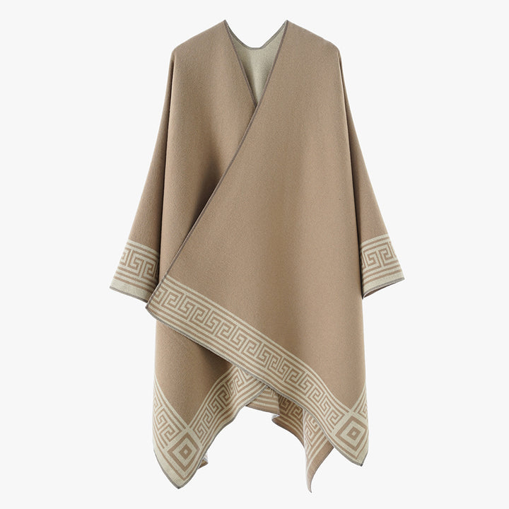Damen Poncho‑Cape mit griechischer Bordüre, V‑Ausschnitt und kastigem Oversize‑Schnitt – Avérine