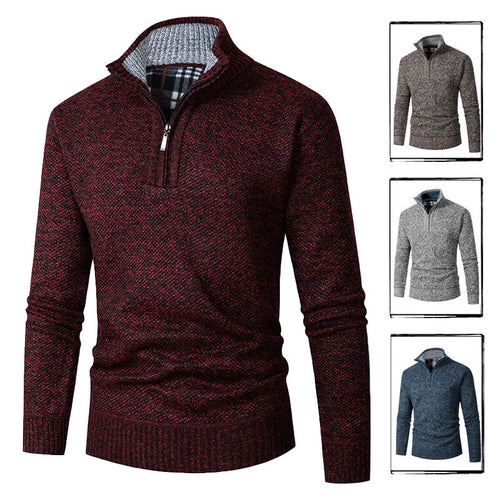 Herren nan grobgestrickter Halfzip-Pullover mit Stehkragen und karierter Krageninnenseite Echo Archiv