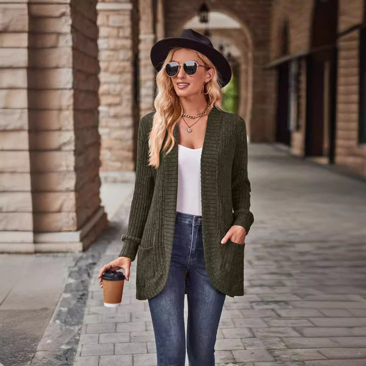 Damen nan langer gerippter Cardigan mit aufgesetzten Taschen und offener Front Echo Archiv