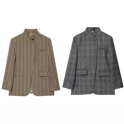 Damen Kastenförmiger Glencheck-Blazer mit Stehkragen und Pattentaschen Echo Archiv