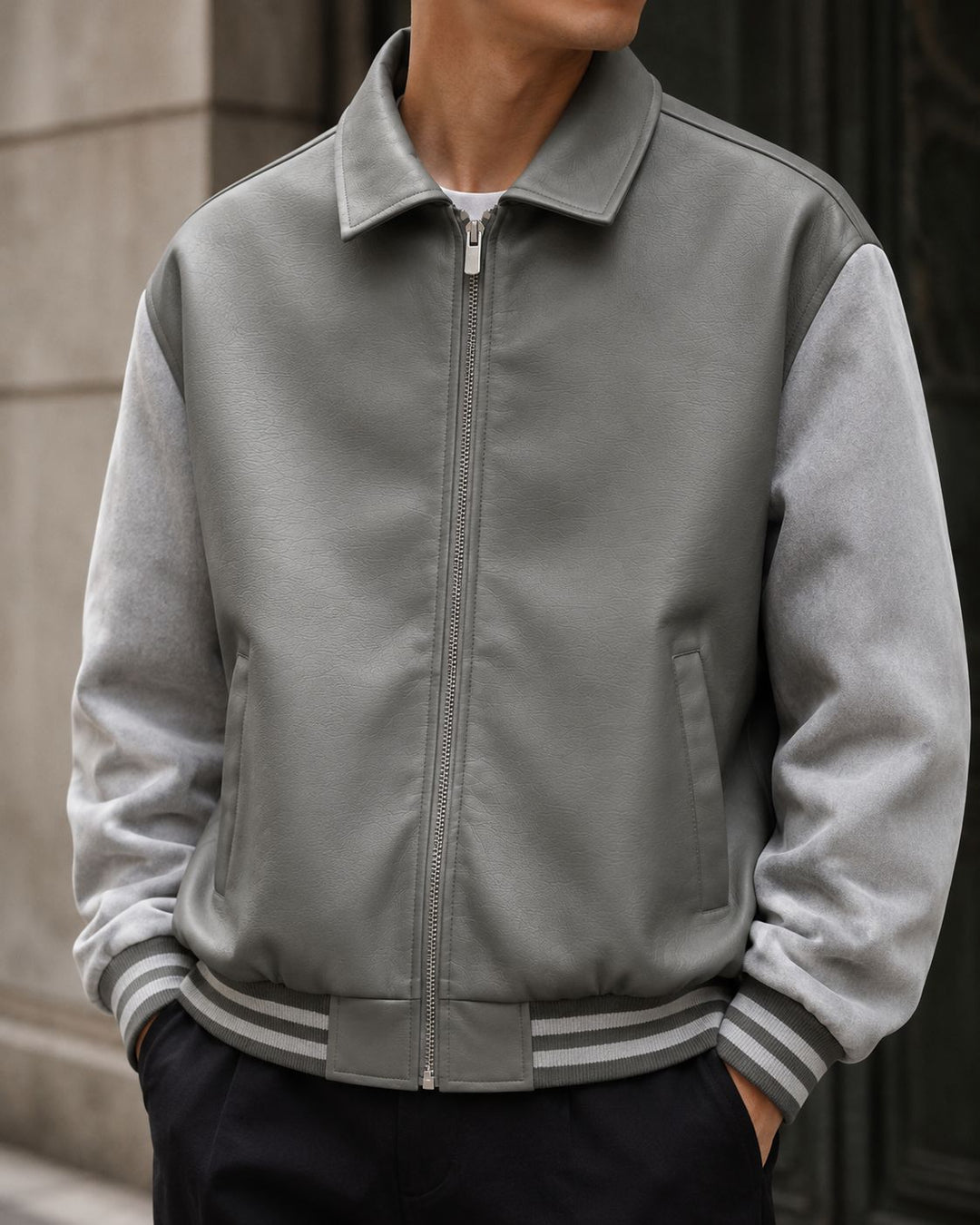 Herren Modische Bomberjacke aus Kunstleder – Brevano