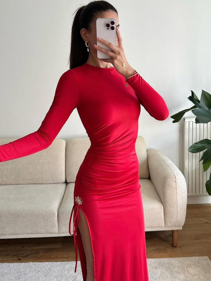 Damen elegantes, figurbetontes Kleid mit Raffungen und hohem Schlitz Echo Archiv