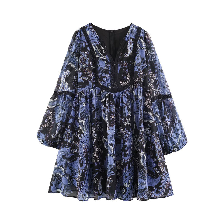 Damen Boho-Minikleid mit V-Ausschnitt, Spitzenbesatz und Ballonärmeln Echoarchiv