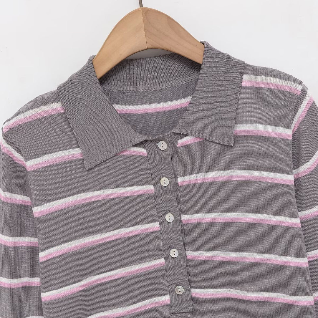 Damen Gestreifter Feinstrick-Polo-Pullover mit Knopfleiste und Rippbündchen Echo Archiv