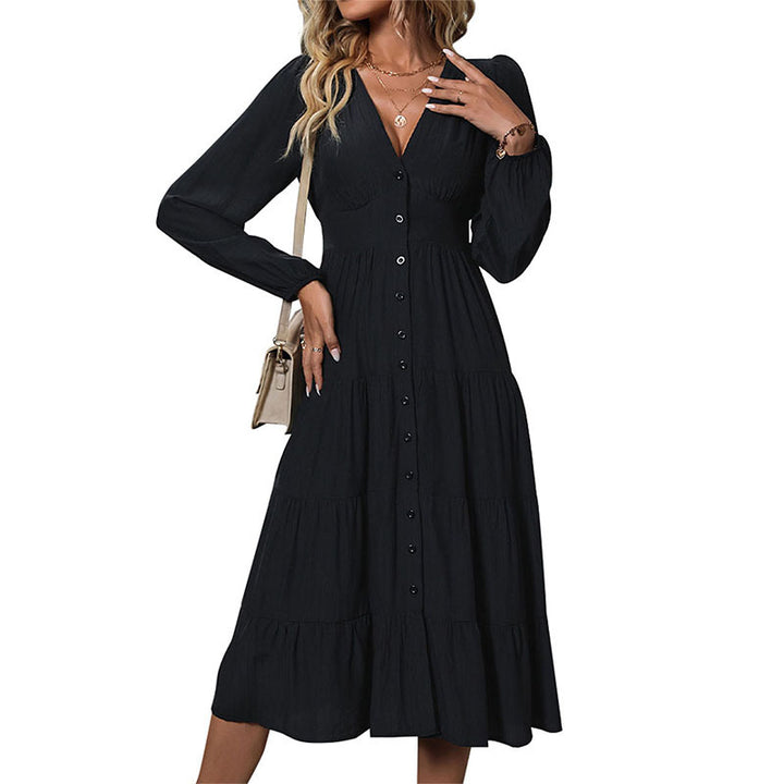Damen Viskose‑Look Stufenkleid mit durchgehender Knopfleiste, taillierter Empire‑Naht und Ballonärmeln Echoarchiv