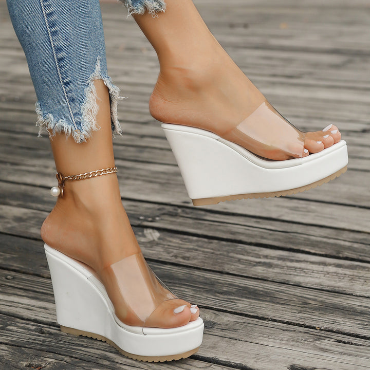 Damen nan transparente Mules mit PVC-Deckriemen, hohem Keilabsatz und rutschfester Laufsohle Echo Archiv