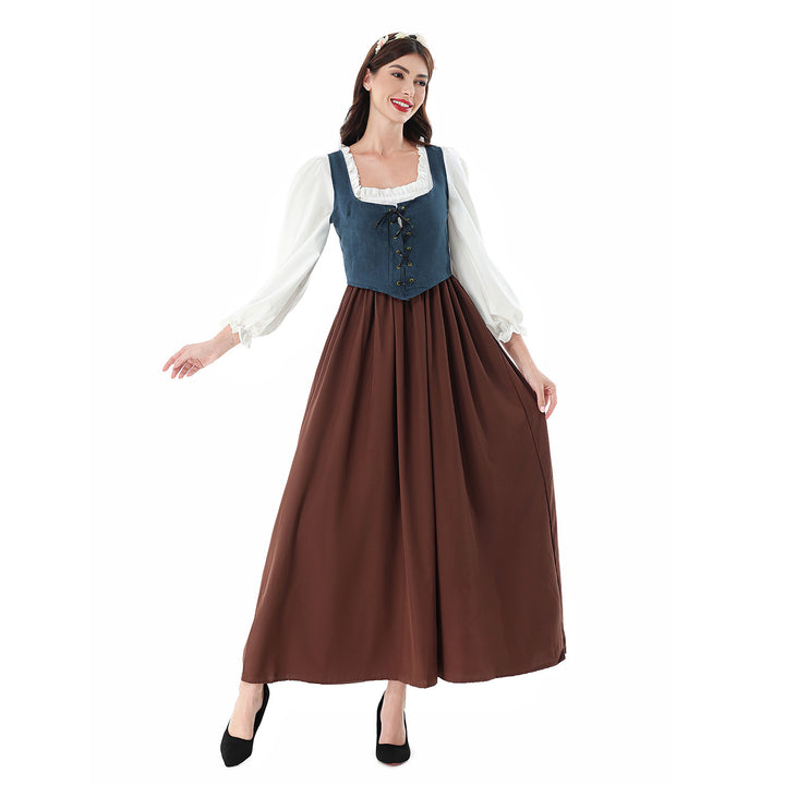 Damen nan historisches Mittelalterkleid mit geschnürter Miederweste, rüschiger Bluse und weitem Maxirock Echo Archiv