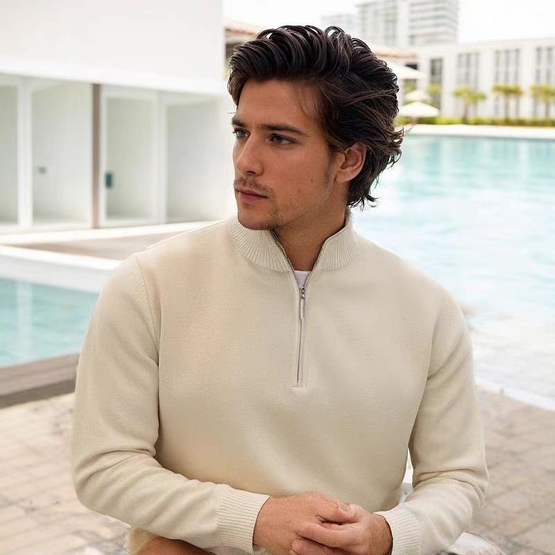 Herren Feinstrick-Halbzip-Pullover mit Stehkragen und Rippbündchen Echoarchiv