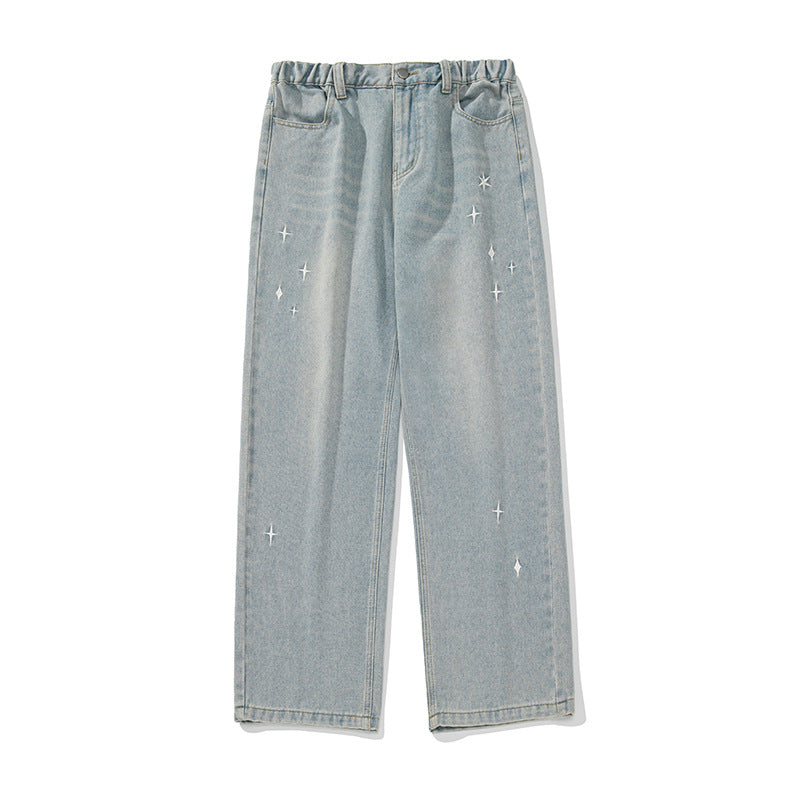 Damen Hochgeschnittene Jeanshose mit gerafftem Bund, Sternstickerei und weitem Bein Echo Archiv