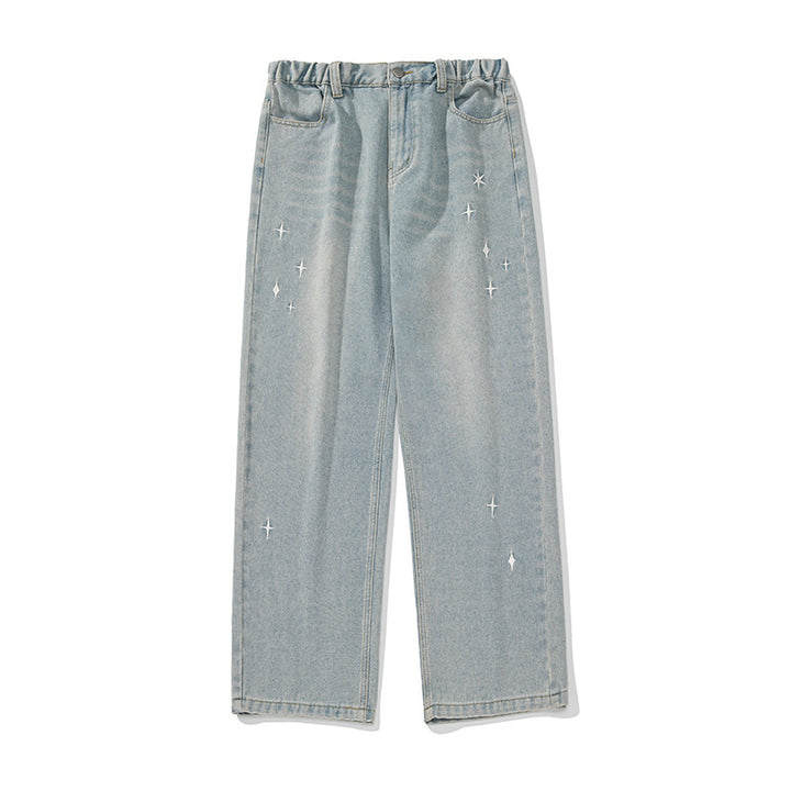 Damen Hochgeschnittene Jeanshose mit gerafftem Bund, Sternstickerei und weitem Bein Echo Archiv