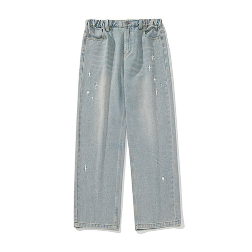 Damen Hochgeschnittene weite Denim‑Hose mit elastischem Paperbag‑Bund und Sternstickerei Echo Archiv