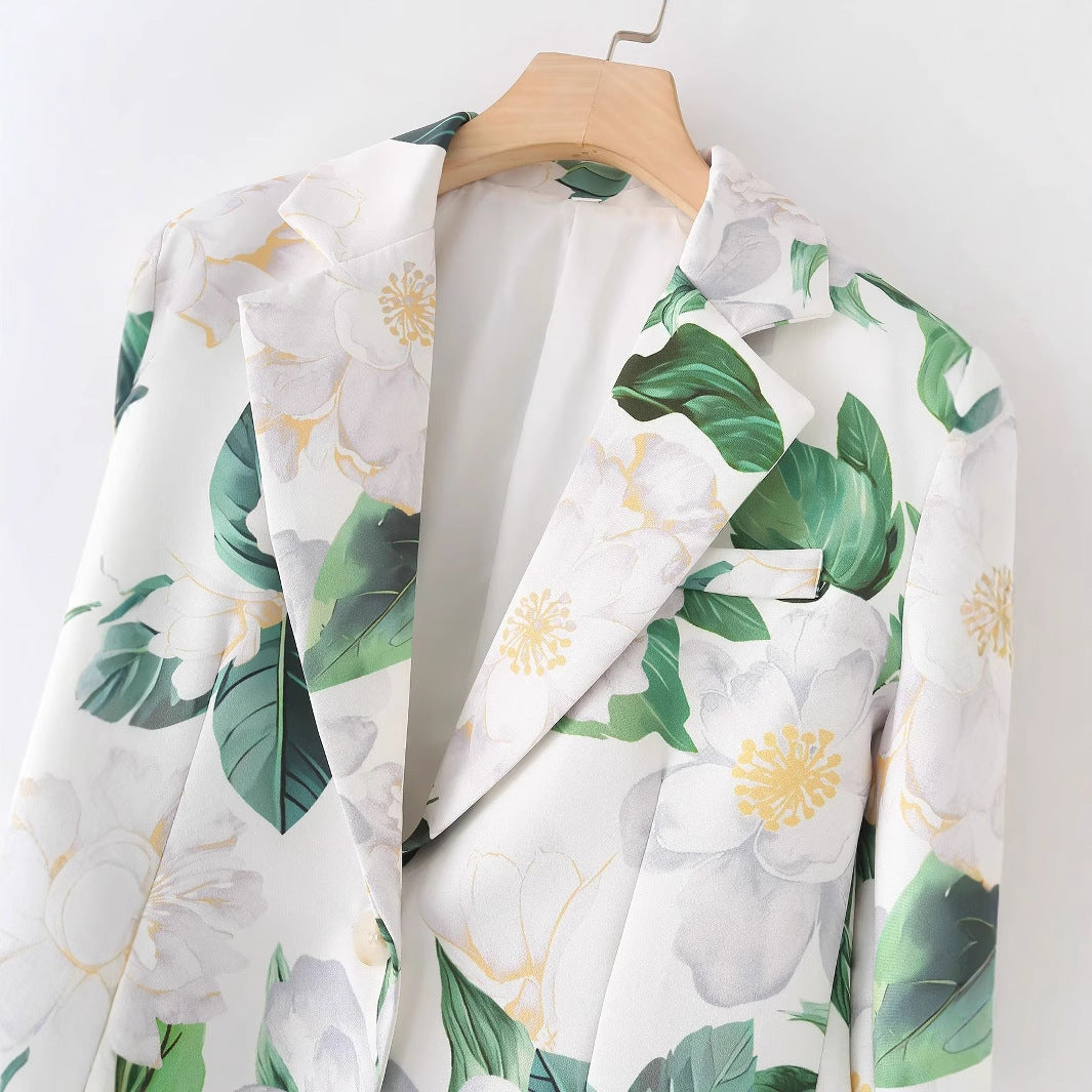 Damen floral bedruckter Longblazer mit Reverskragen und Leistentaschen – Célinea