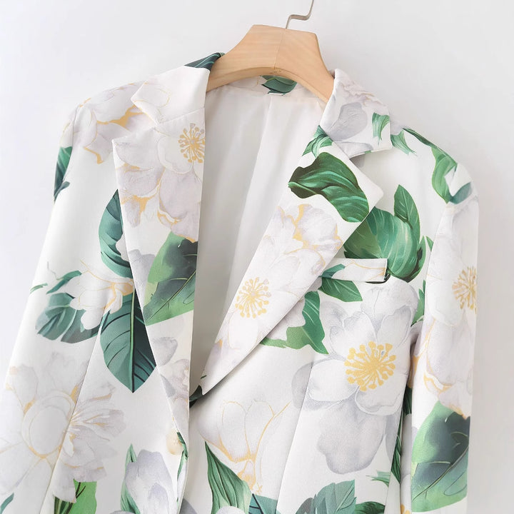 Damen floral bedruckter Longblazer mit Reverskragen und Leistentaschen – Célinea