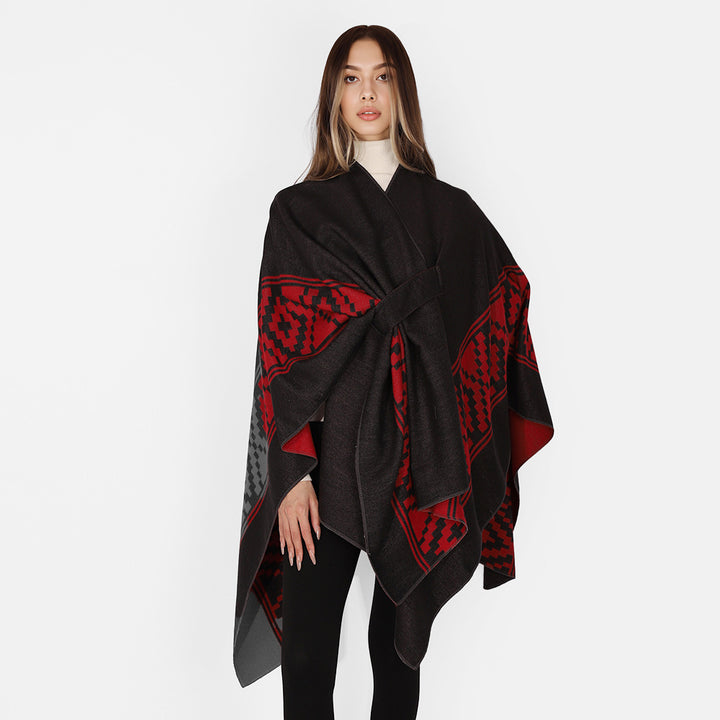 Damen Jacquard‑Ruana mit Bindegürtel und geometrischem Muster – Avérine