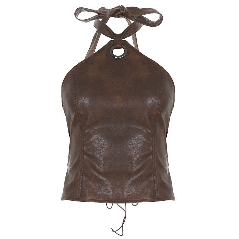 Damen Kunstleder Crop-Top mit verspieltem Bindeband und dekorativem Ring Echo Archiv