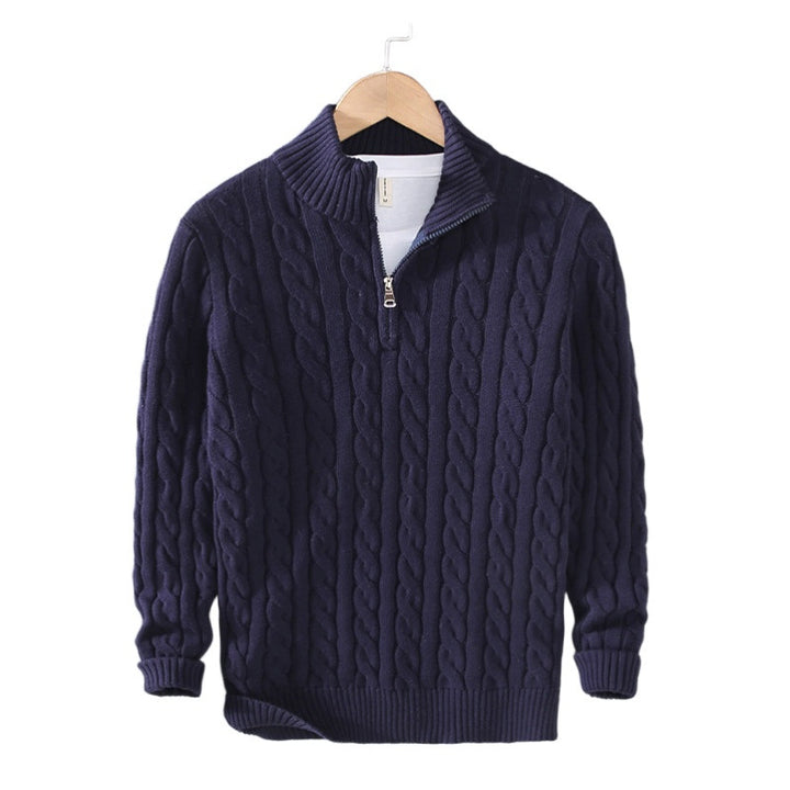 Herren Zopfmuster-Halbzip-Pullover aus weicher Baumwollmischung mit Stehkragen Echoarchiv