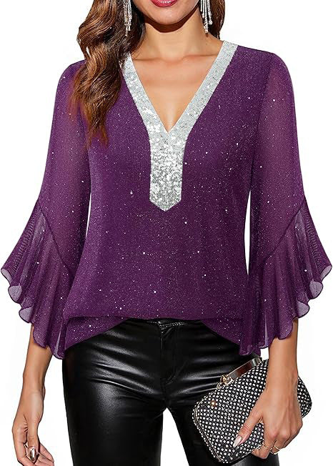 Damen Festliche Mesh-Bluse mit V-Ausschnitt, Paillettenbesatz und Volantärmeln – Élovi