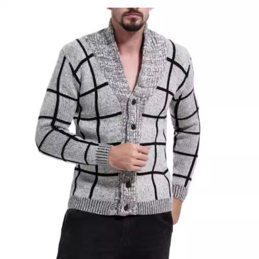 Herren modische Strickjacke mit V-Ausschnitt und modernem Karomuster Echoarchiv