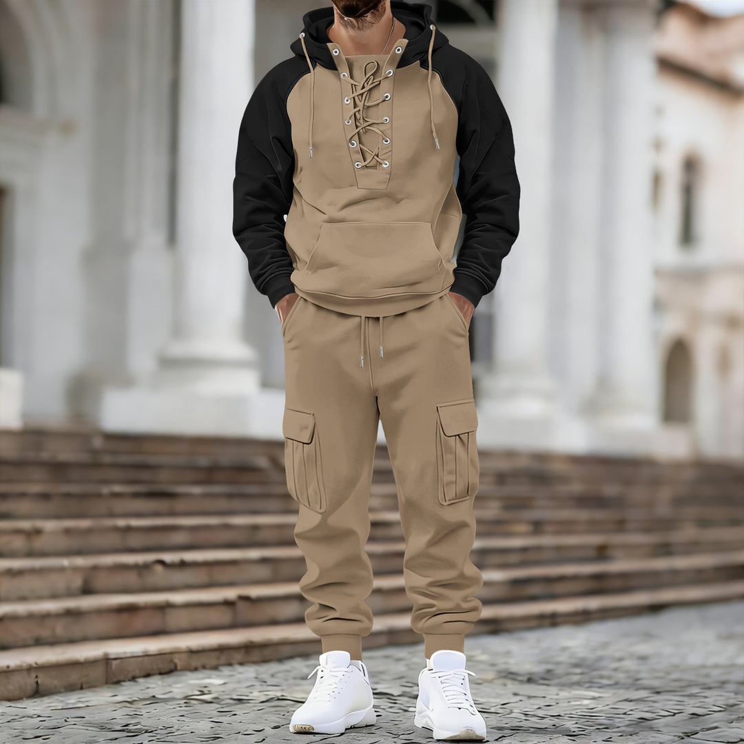 Herren Kapuzen-Sweatshirt mit vorn geschnürter Blende, Raglanärmeln und Kängurutasche – Cavarno