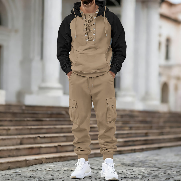 Herren Kapuzen-Sweatshirt mit vorn geschnürter Blende, Raglanärmeln und Kängurutasche – Cavarno