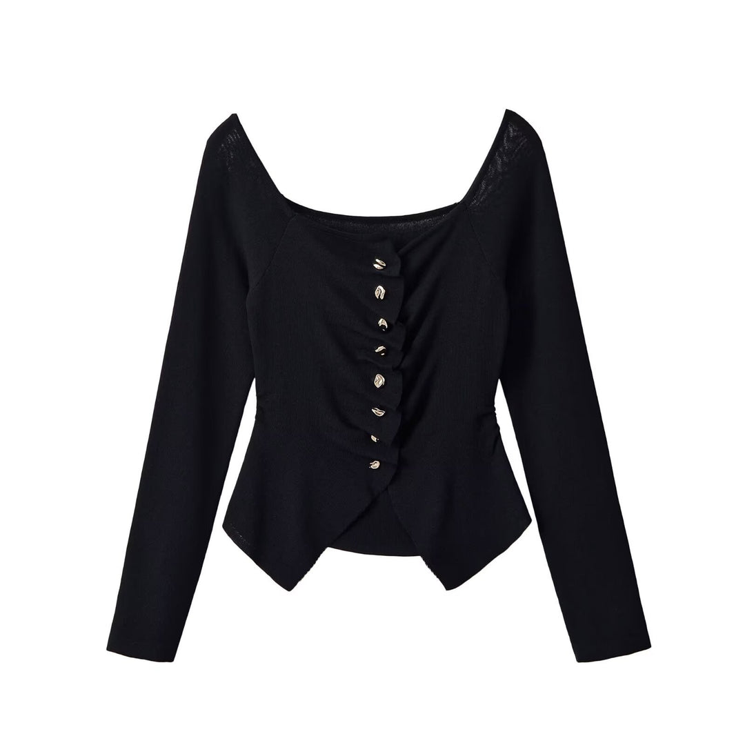 Damen Figurbetonte Rüschenbluse mit goldfarbenen Zierknöpfen und asymmetrischem Peplum Echoarchiv
