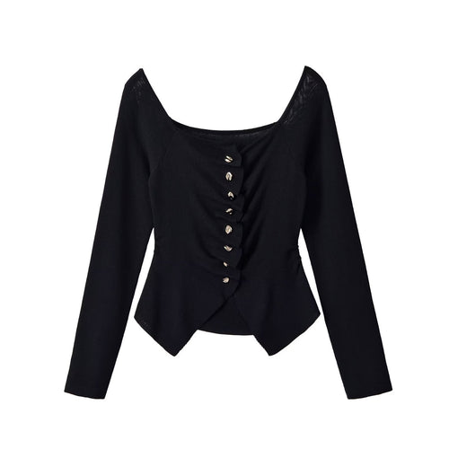 Damen Figurbetonte Rüschenbluse mit goldfarbenen Zierknöpfen und asymmetrischem Peplum Echoarchiv