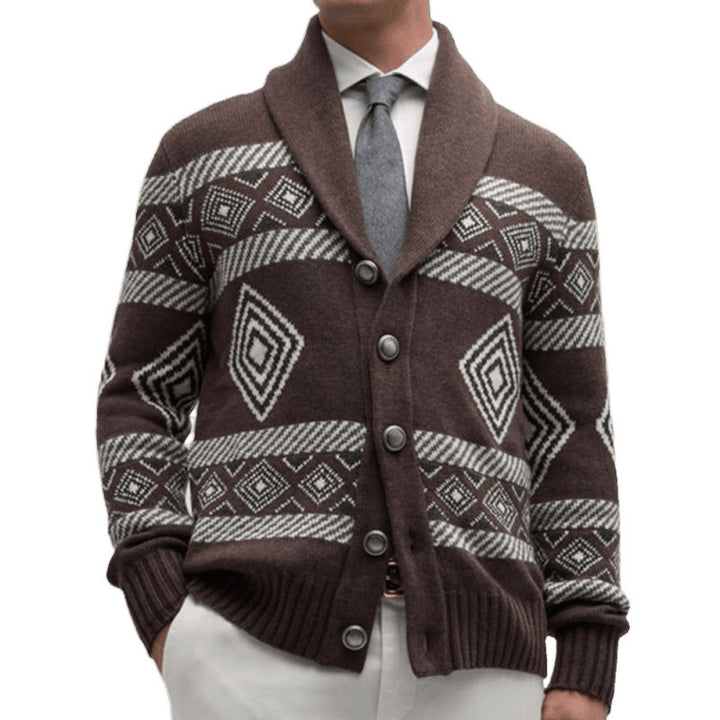 Herren Strickjacke mit modernem grafischen Muster und klassischem Kragen Echoarchiv