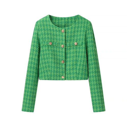 Damen kurzes Bouclé-Tweed Jackett mit Rundhalsausschnitt, Zierknöpfen und aufgesetzten Brustpaspeln – Célinea