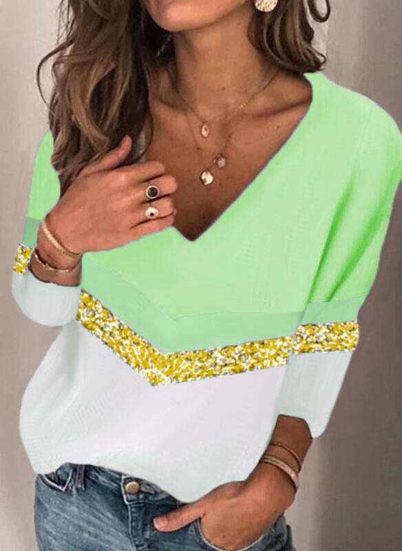 Damen Stylischer V-Ausschnitt Feinstrickpullover mit Glitzerband und Colorblock-Einsatz Echoarchiv
