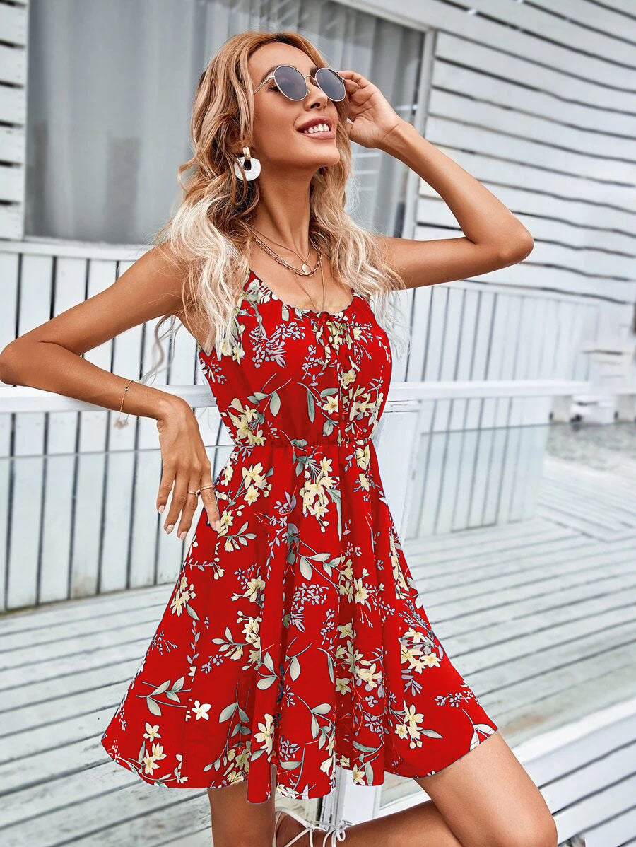 Damen Florales Sommerkleid mit Spaghettiträgern und tailliertem A-Linien-Schnitt – Lunéa