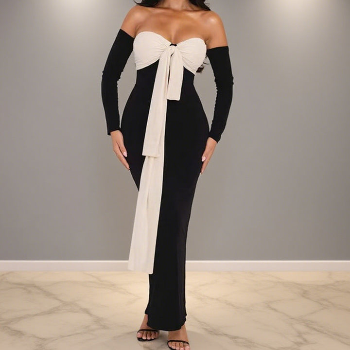 Damen Elegantes Off-Shoulder Maxikleid mit dekorativem Knoten und langen Ärmeln Echo Archiv