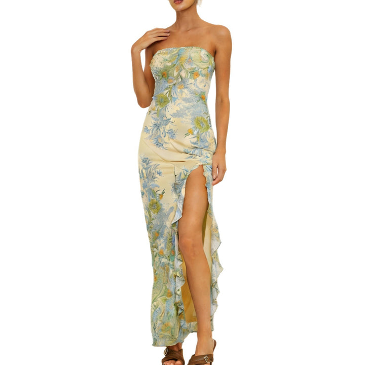 Damen Strapless Maxikleid mit Rüschen und floralem Muster Echo Archiv