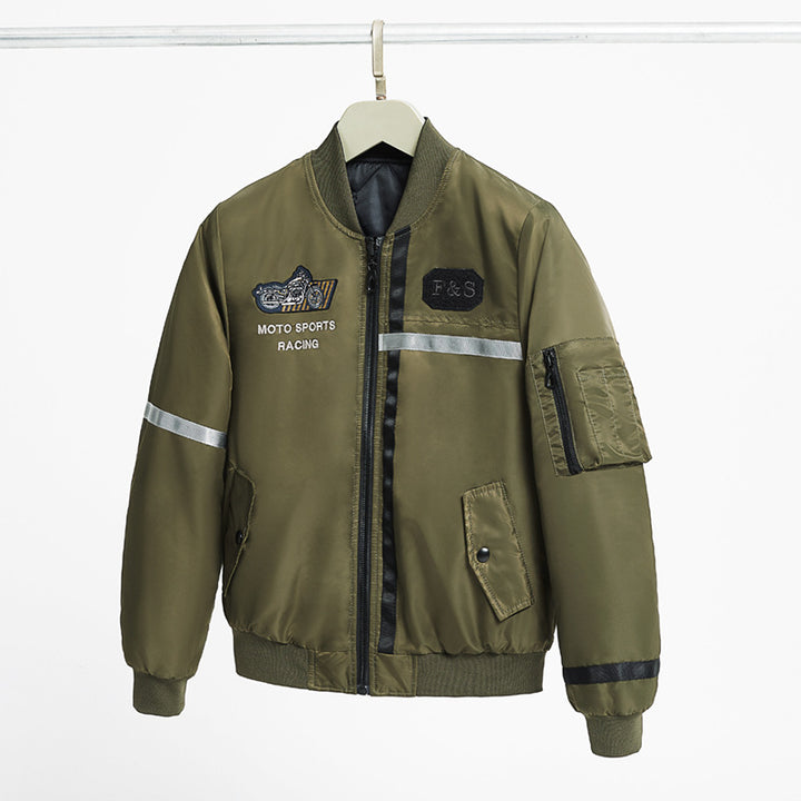 Men's motorcycle-inspired reflective pilot bomber jacket with embroidered racing badge – Brevano