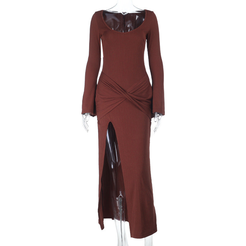 Damen elegantes langärmeliges Maxi-Kleid mit raffiniertem Wickel-Design und hohem Schlitz Echo Archiv