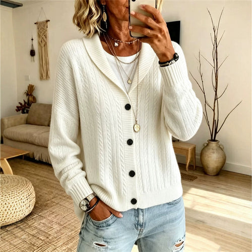 Damen Langer Schalkragen-Cardigan aus Zopfmuster mit gerippten Bündchen – Veloura