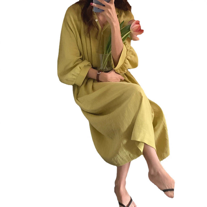 Damen Weites Leinenmix-Maxikleid mit Stehkragen, Kordel-Taille und Ballonärmeln – Valéora