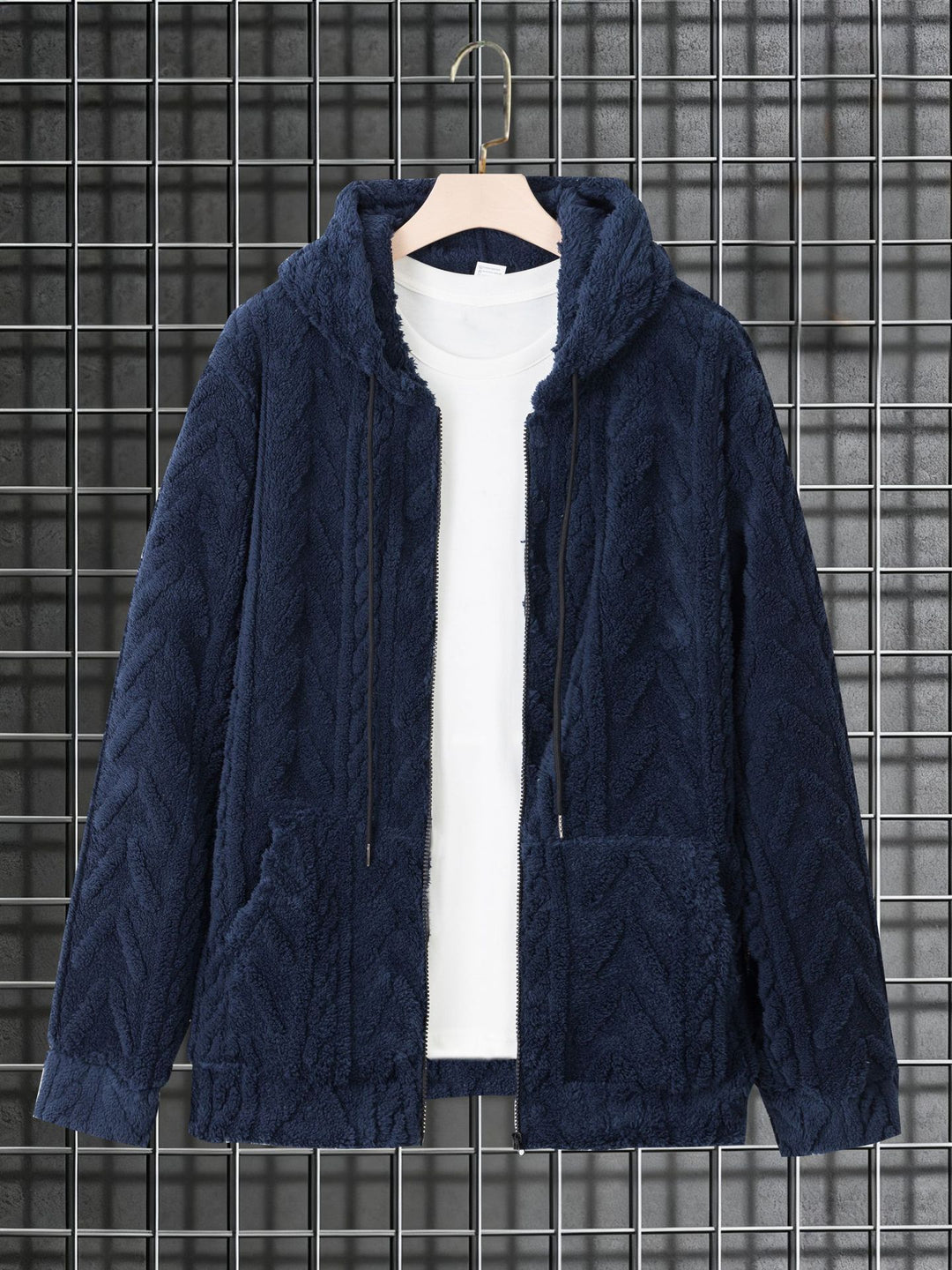 Herren kuschelige Kapuzenjacke aus Teddyfleece mit durchgehendem Reißverschluss und Kängurutaschen – Cavarno