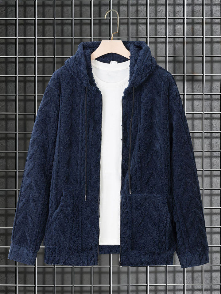 Herren kuschelige Kapuzenjacke aus Teddyfleece mit durchgehendem Reißverschluss und Kängurutaschen – Cavarno