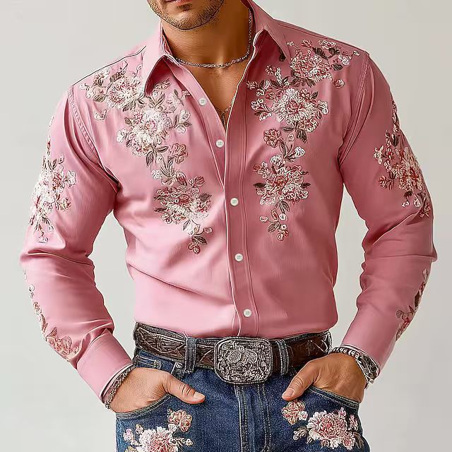 Herren Elegantes Langarmhemd mit floraler Stickerei Echoarchiv