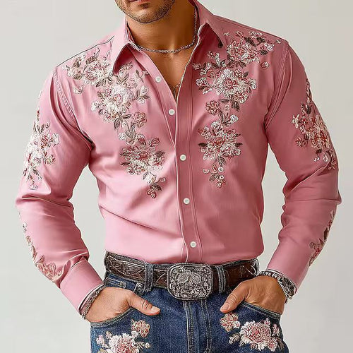 Herren Elegantes Langarmhemd mit floraler Stickerei Echoarchiv