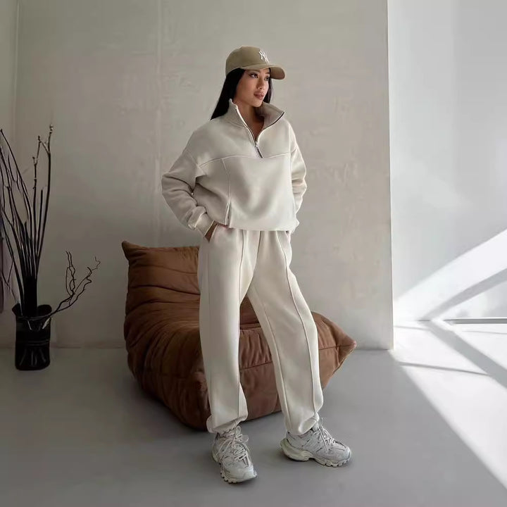 Damen Weiches Oversized Lounge-Set mit Troyer-Kragen, Eingrifftaschen und schmeichelhafter High-Waist Hose Echoarchiv